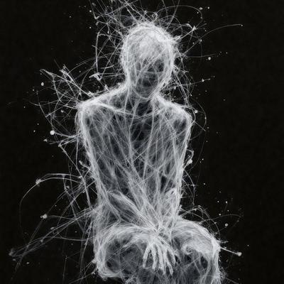The primary subject of the image is a person, possibly a man, sitting on a chair. The setting is a dark room, and the visual style appears to be a black and white drawing or illustration. The mood of the image is somewhat mysterious and dramatic, as the person is surrounded by a cloudy, swirling mass of lines and shapes.